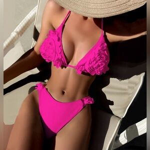 NWT, Lavishly Paris Women’s Neon Hot Pink Ruffles Trim Bikini Set.